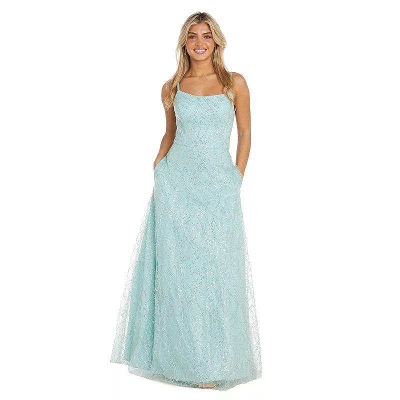 Juniors Morgan and Co Square Neck Sequin & Glitter Evening Gown, Womens Green product image