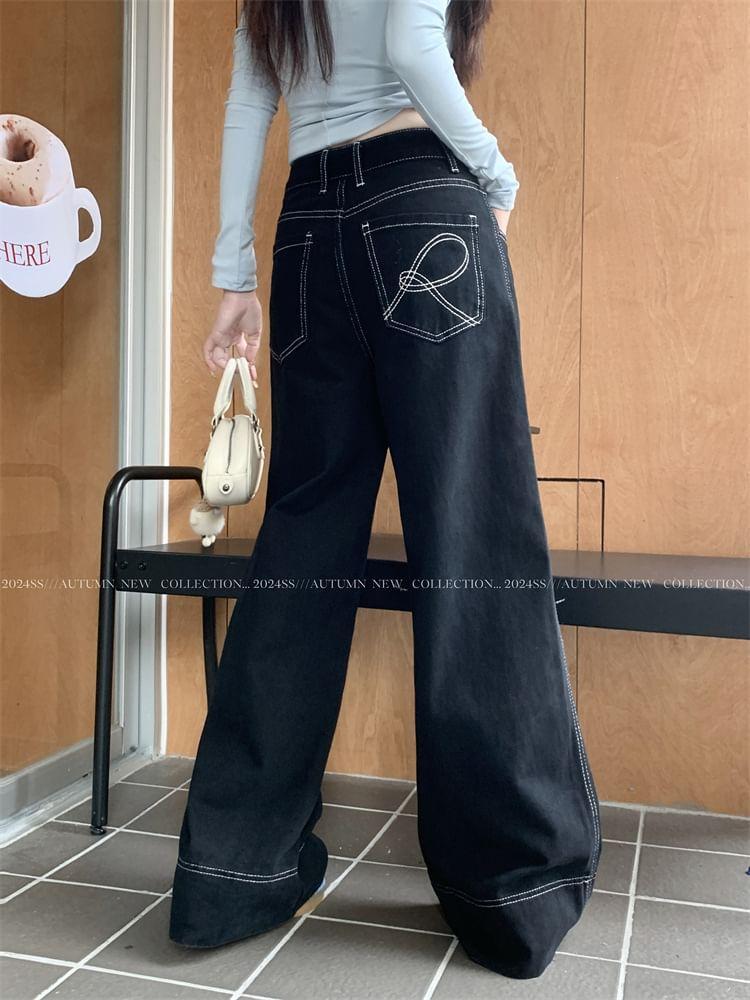 High Waist Lettering Embroidered Wide Leg Jeans Product Image