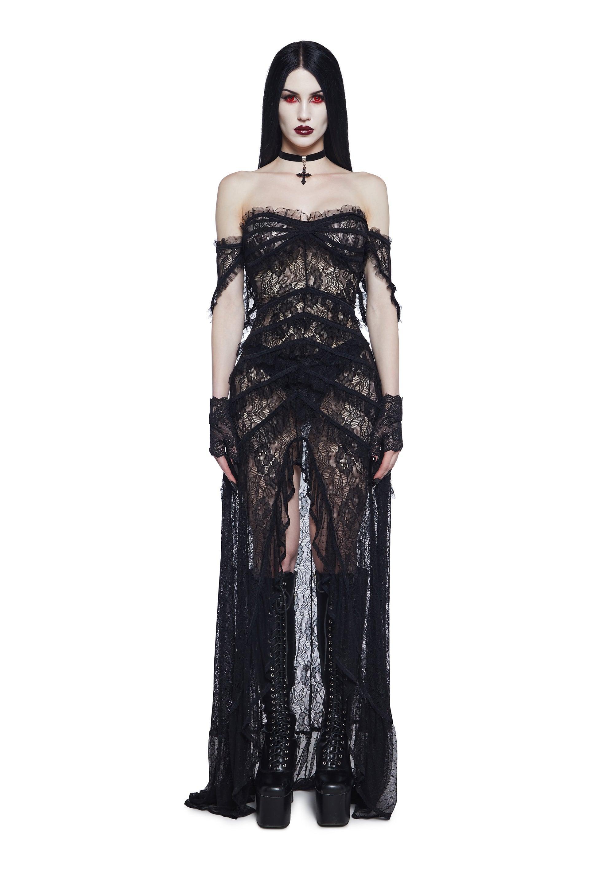 Widow Sheer Strapless Lace Mesh Maxi Dress With Tiers - Black Product Image