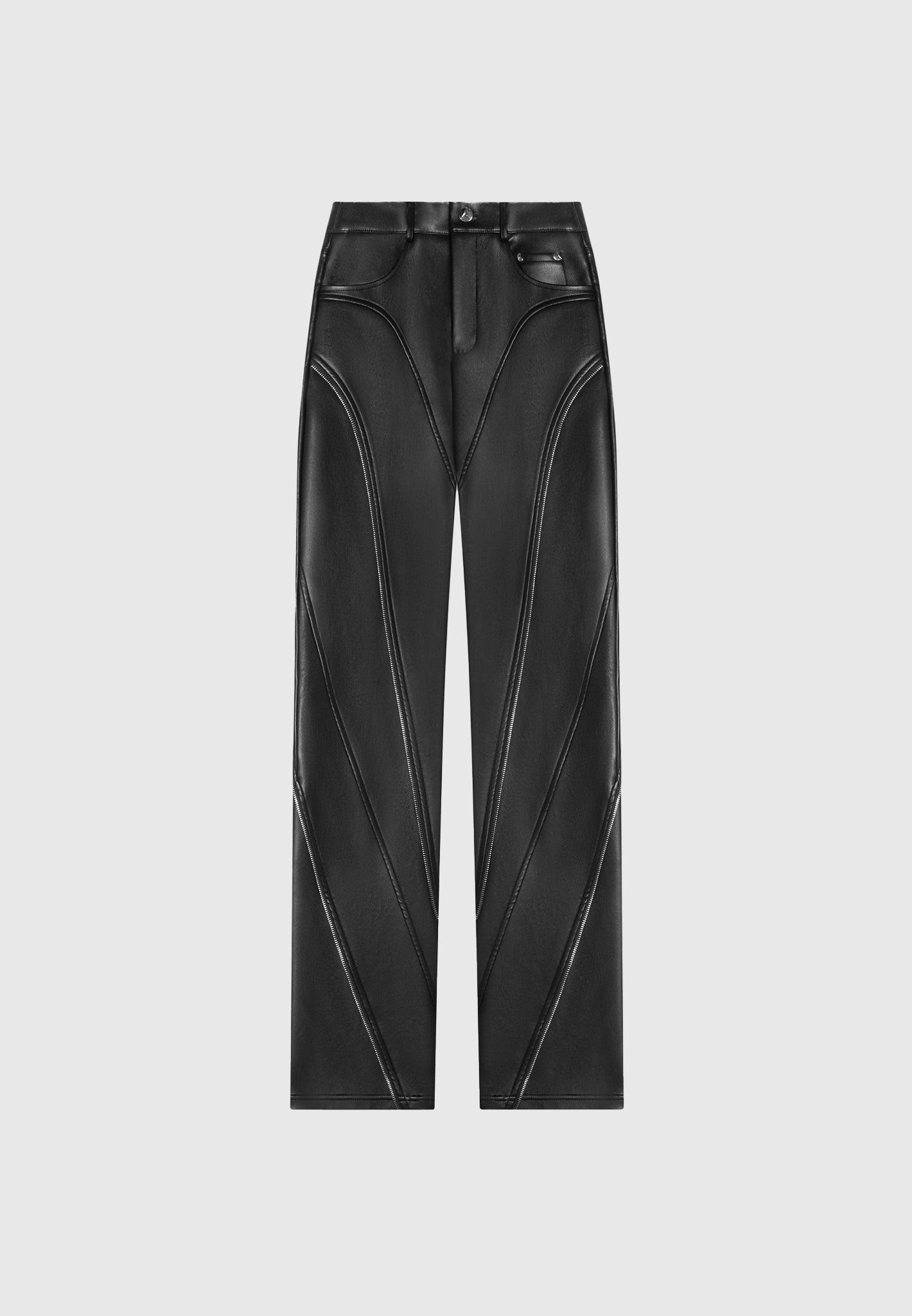 Vegan Leather Biker Trousers with Zip - Black Female Product Image