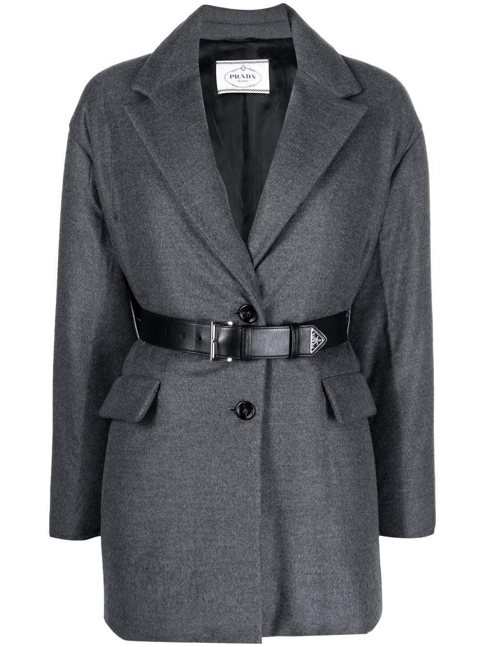 Single-breasted Belted Cashmere Padded Jacket In Grey Product Image