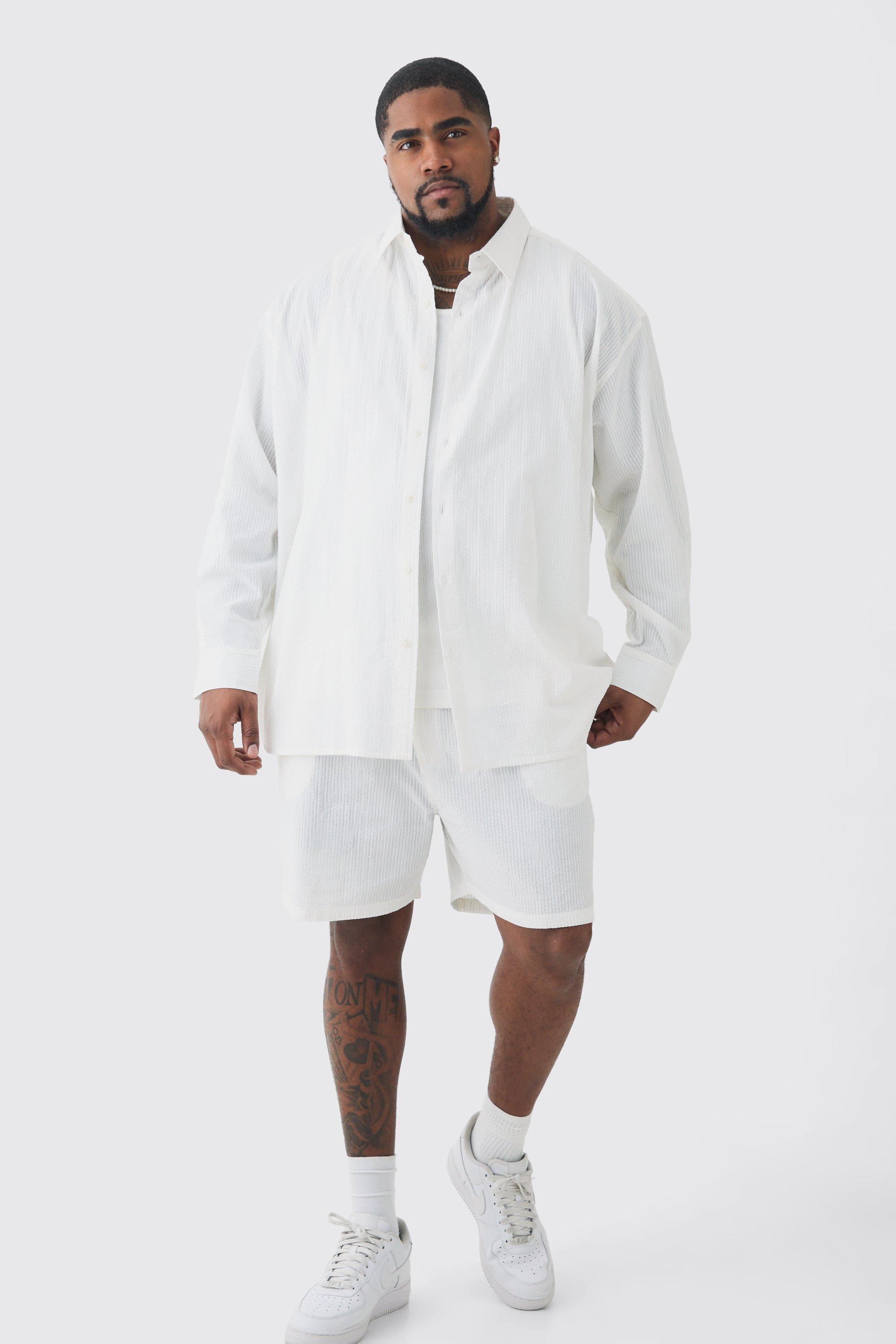 Plus Oversized Stripe Seersucker Shirt & Short Set In White | boohooMAN USA Product Image