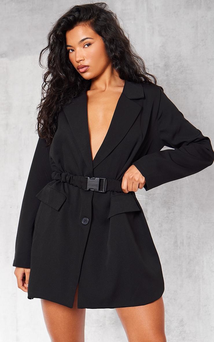 Black Woven Ruched Belt Blazer Dress Product Image