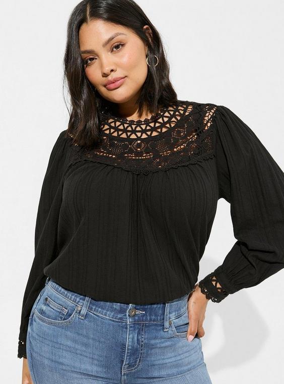 Cotton Lace Trim Yoke Blouson Sleeve Top Product Image