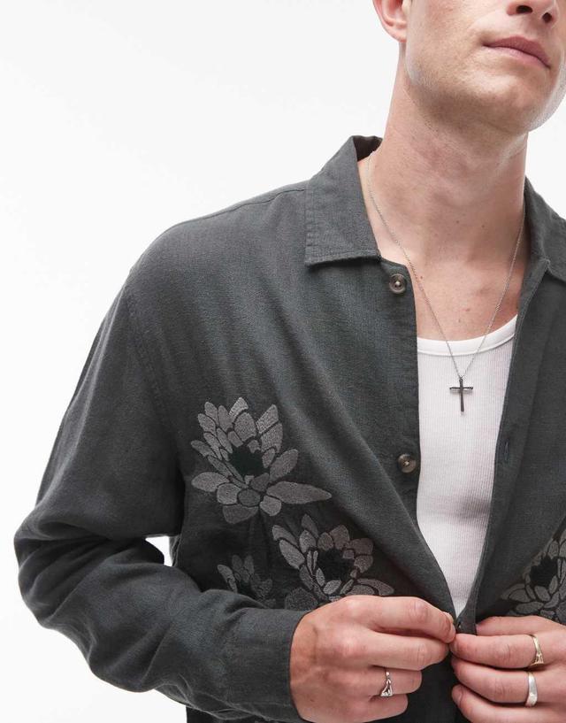 Topman long sleeve embroidered front shirt in teal Product Image