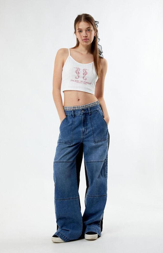 Women's Denim Nylon Low Rise Baggy Track Pants in Blue/Black - Product Image