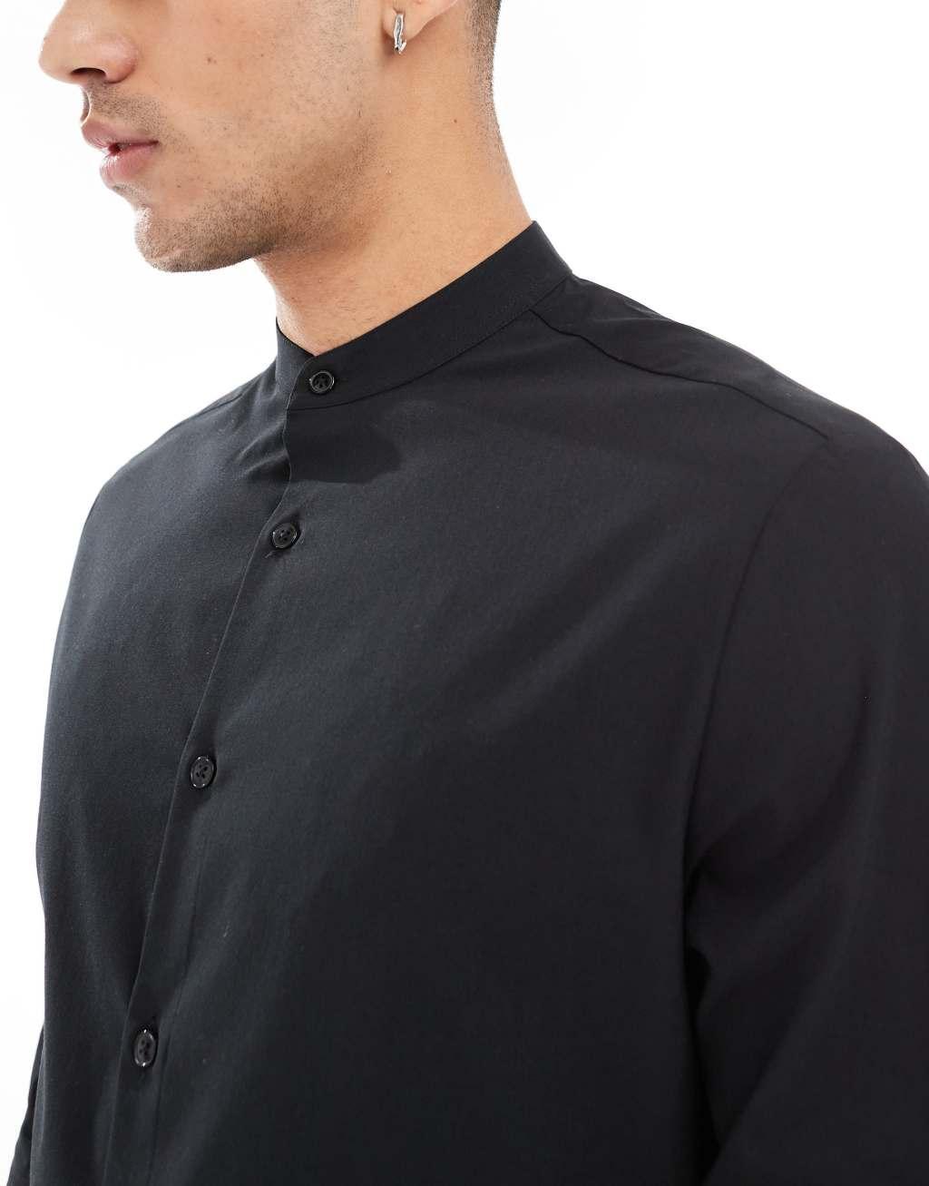 ASOS DESIGN slim shirt with grandad collar in black Product Image