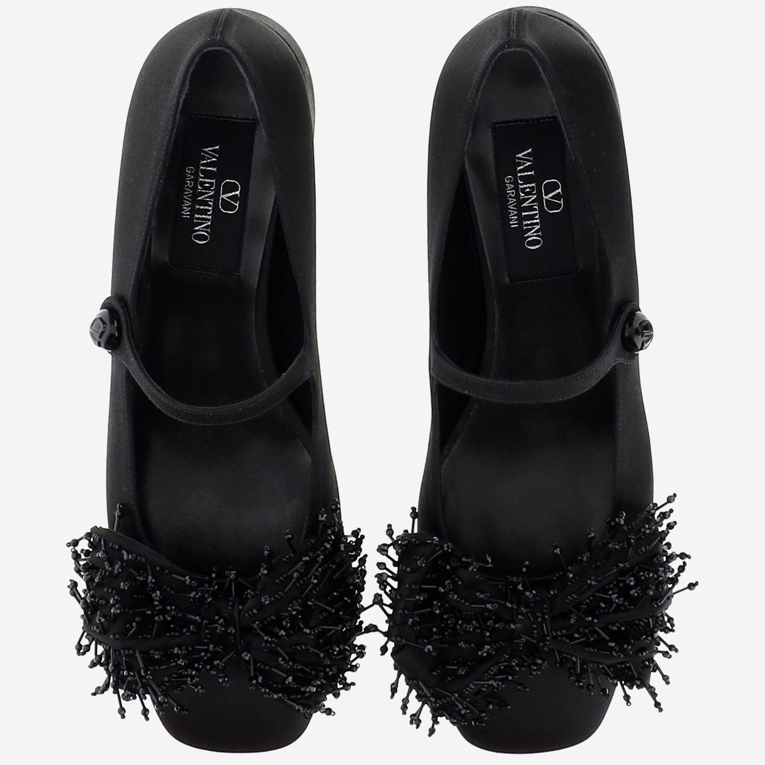 VALENTINO GARAVANI Garavani Bowjane Mary-jane Satin Ballerina With Fringed Embroidery 20mm Woman Bla In Black Product Image