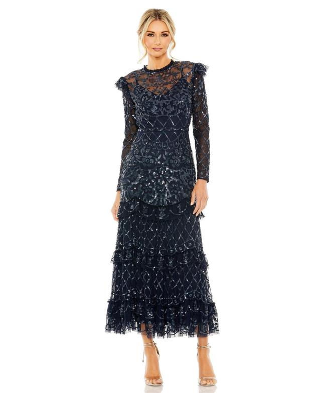 Womens Embellished Tiered Long-Sleeve Gown Product Image