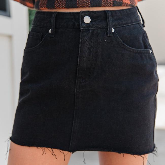 Point The Way Black Raw Hem Denim Skirt Product Image