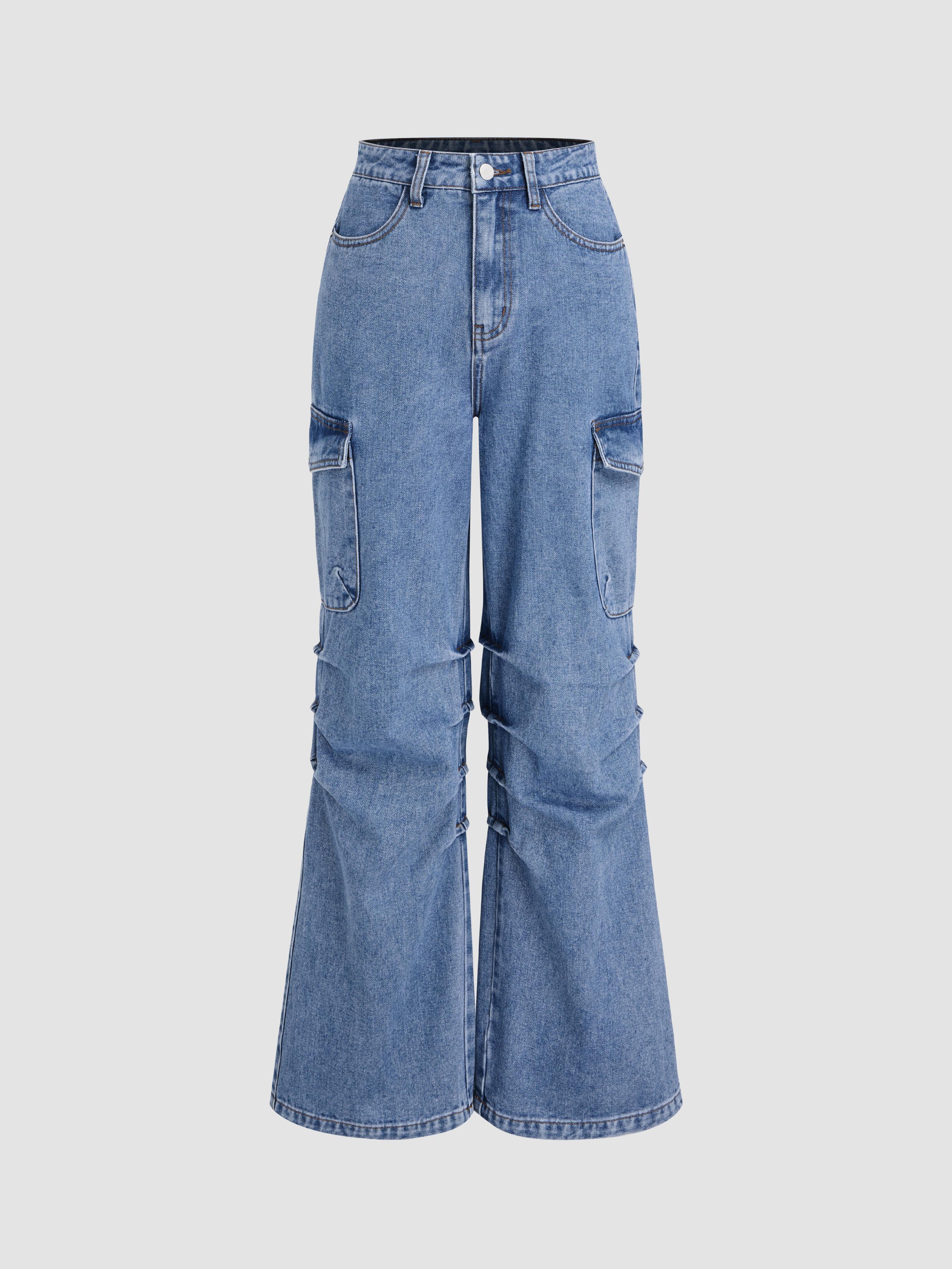 Denim High Rise Solid Flared Cargo Jeans Product Image