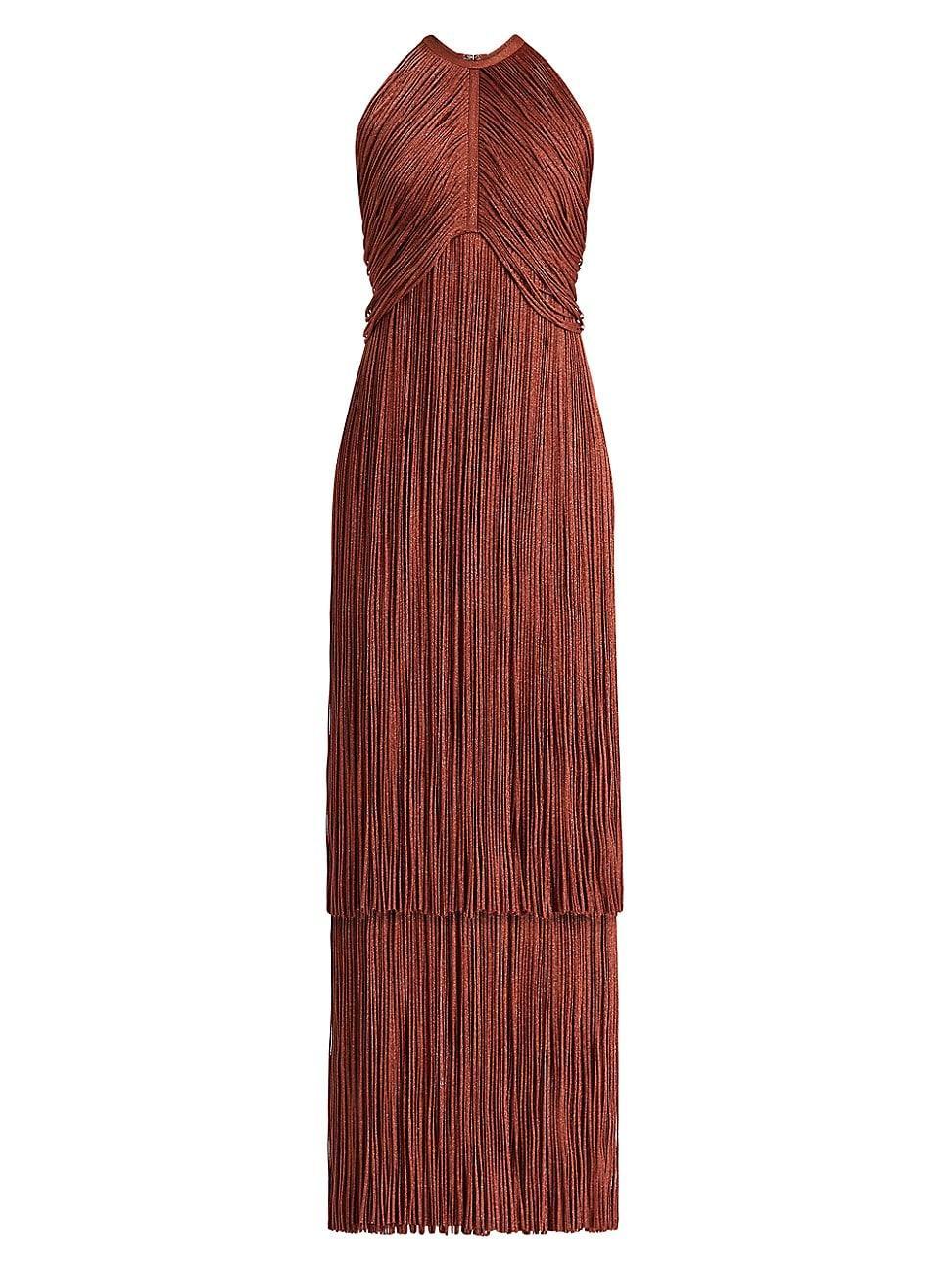 Womens Metallic Draped Fringe Halter Gown Product Image