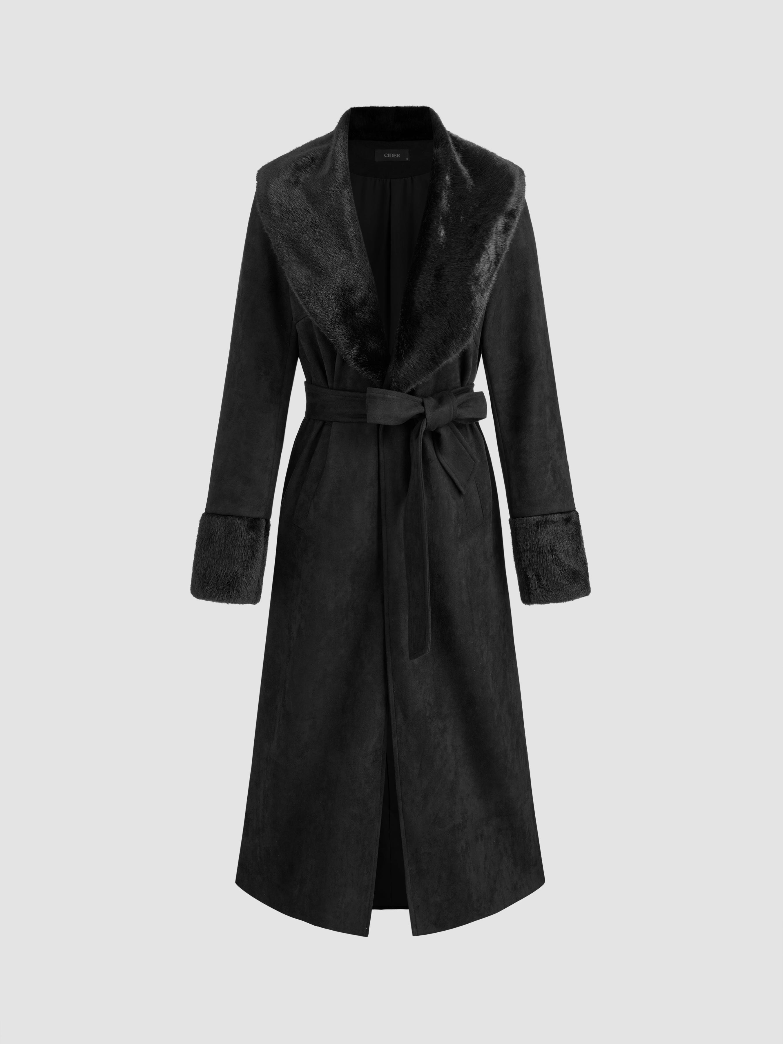 Faux Shearling V-neck Solid Pocket Coat With Belt product image