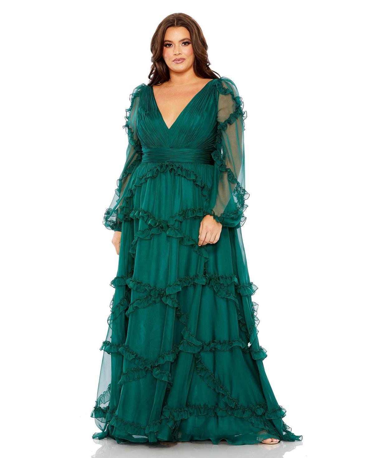 Womens Plus Size V-Neck Ruffled Puff-Sleeved Gown Product Image