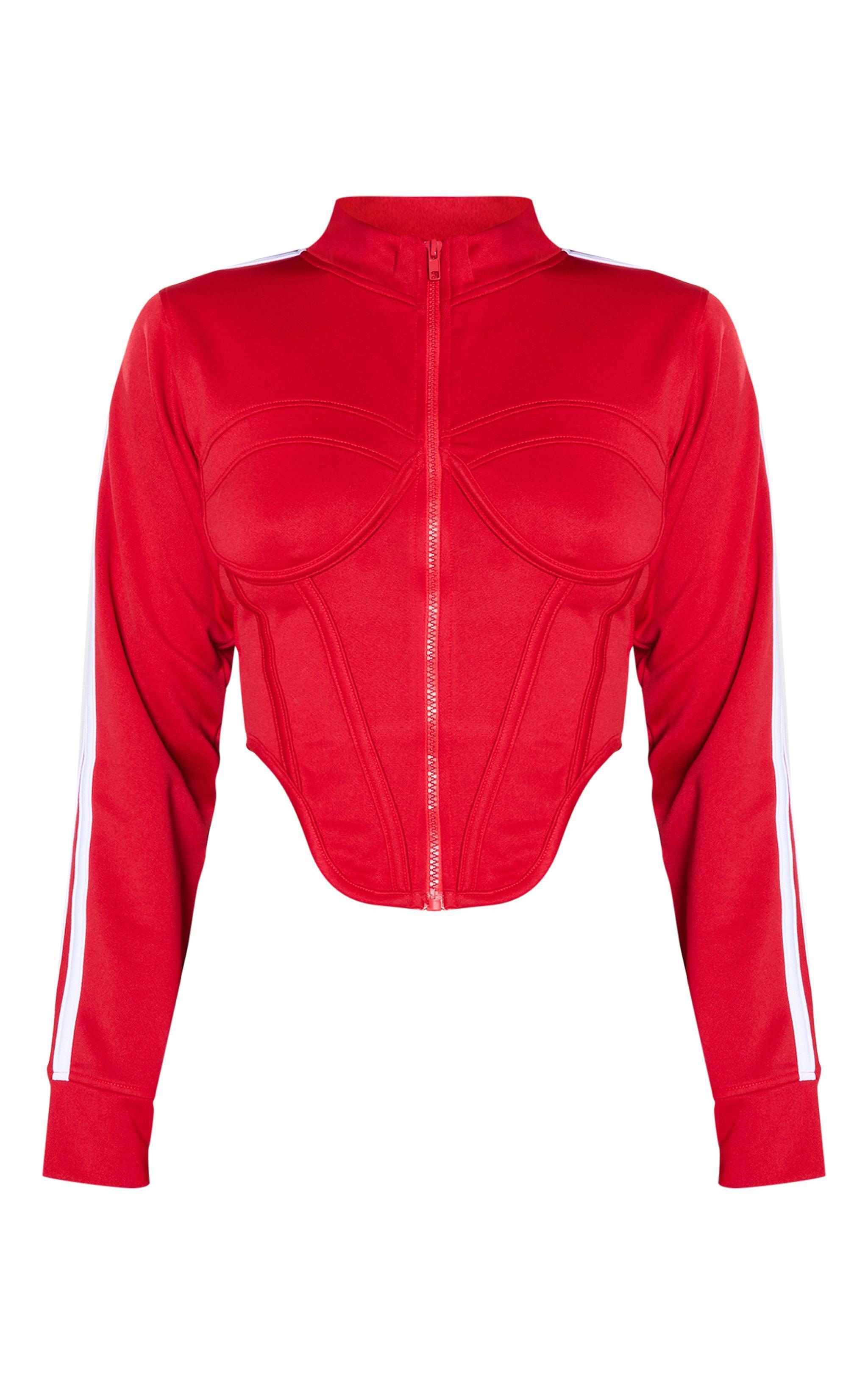  Red Stripe Sleeve Corset Detail Crop Zip Sweatshirt Product Image