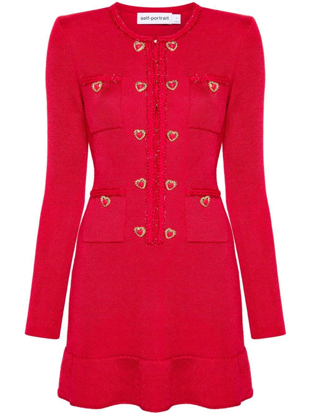 Heart-buttons Knitted Mini Dress In Red Product Image