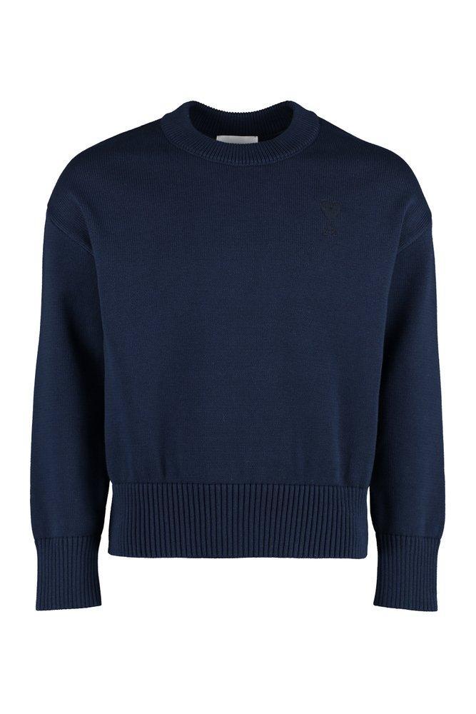 Ami Paris Logo Embroidered Crewneck Jumper In Blue Product Image