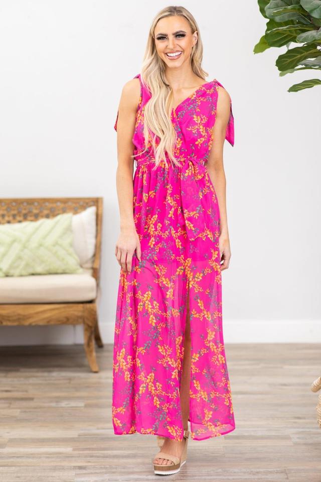 Hot Pink Floral Print Surplice Front Maxi Dress Product Image