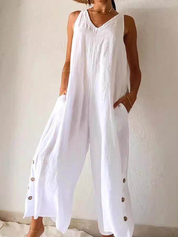 Loose Sleeveless Solid Color Split-Side V-Neck Jumpsuits Product Image