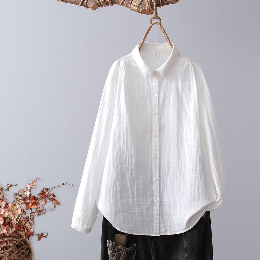 Long Sleeve Lapel Neck Plain Linen Shirt Product Image