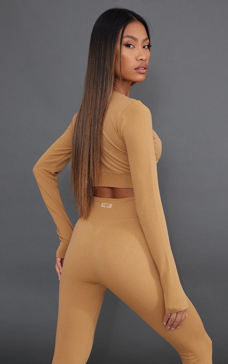 Tan Sport Seamless Dipped Front Long Sleeve Crop Top Product Image