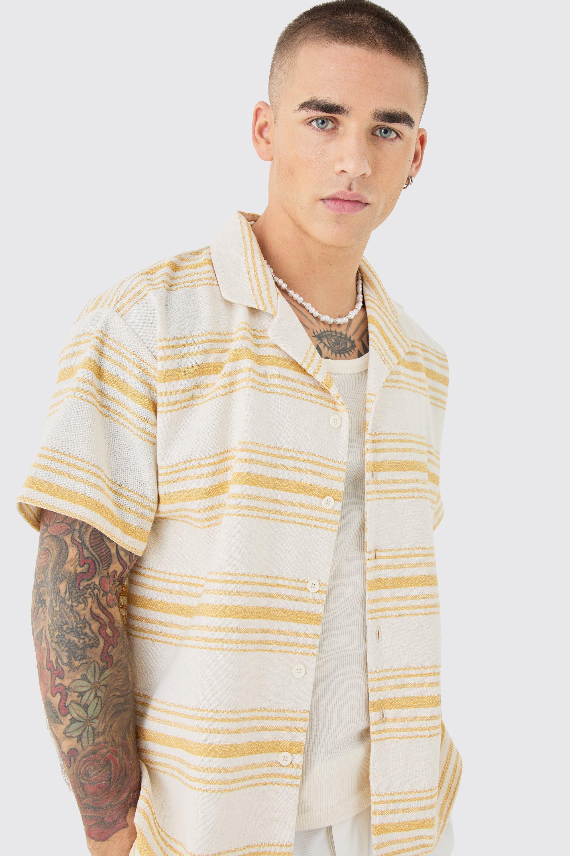 Mens Beige Short Sleeve Aztec Stripe Boxy Shirt, Beige Product Image