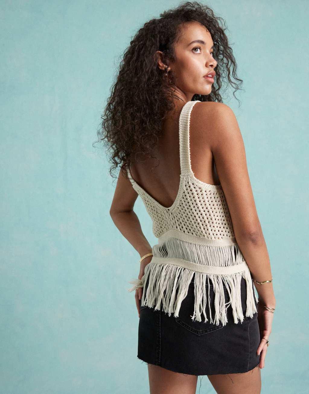 Miss Selfridge crochet fringe hem tank top in cream Product Image