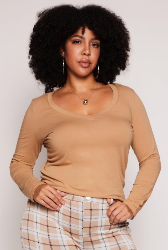 Womens Plus Size Basic Long Sleeve V Neck Tee Product Image