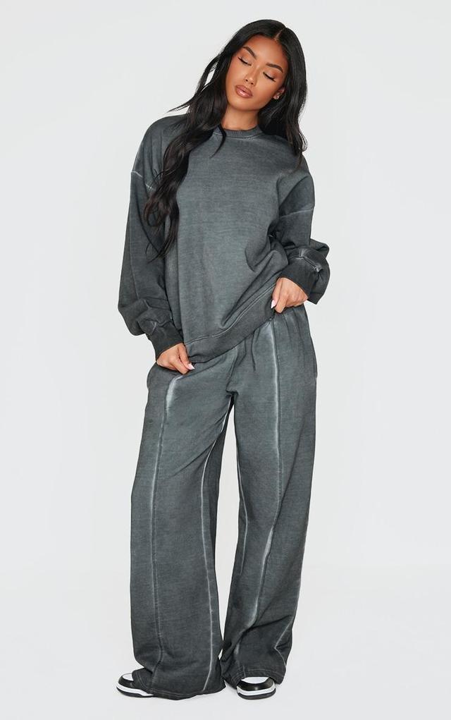 PRETTYLITTLETHING Washed Charcoal Premium Waist Wide Leg Sweatpants Product Image