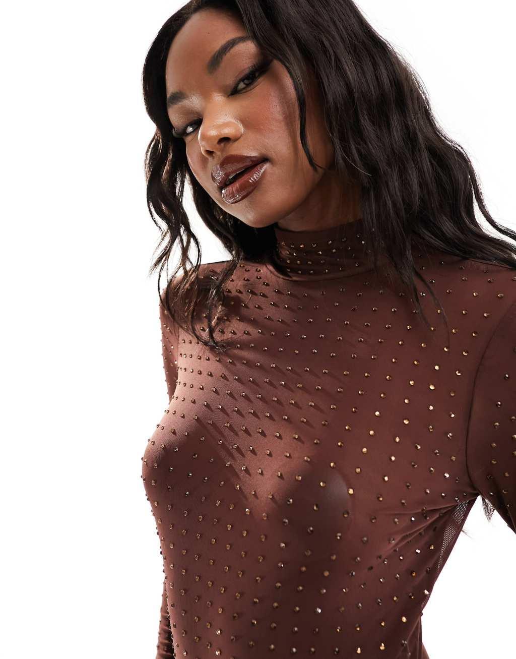 ASOS DESIGN hotfix crystal stud mesh bodysuit in chocolate Product Image