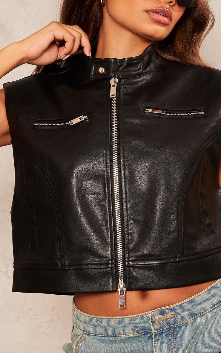 Petite Black Sleeveless Collared Faux Leather Vest Product Image