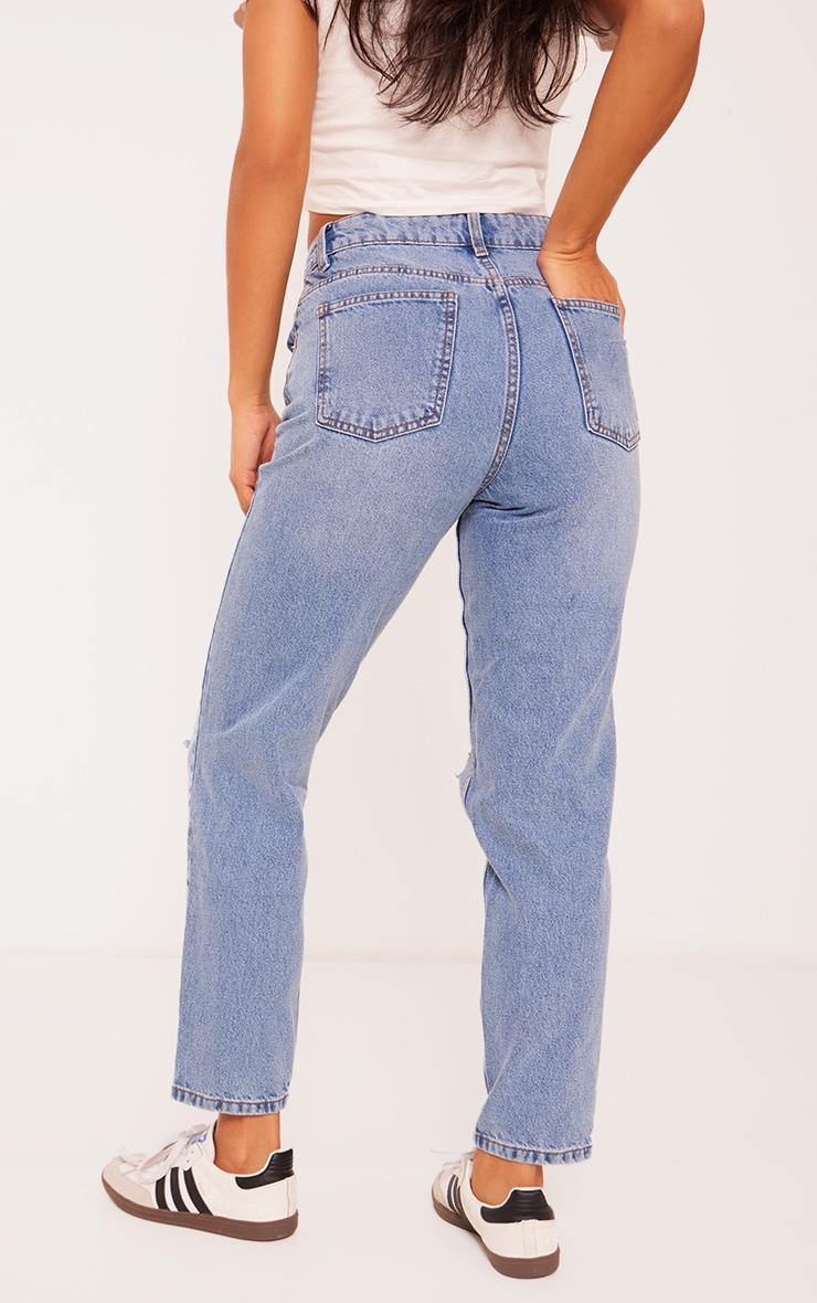 PRETTYLITTLETHING Mid Blue Wash Ripped Knee Mom Jeans Product Image