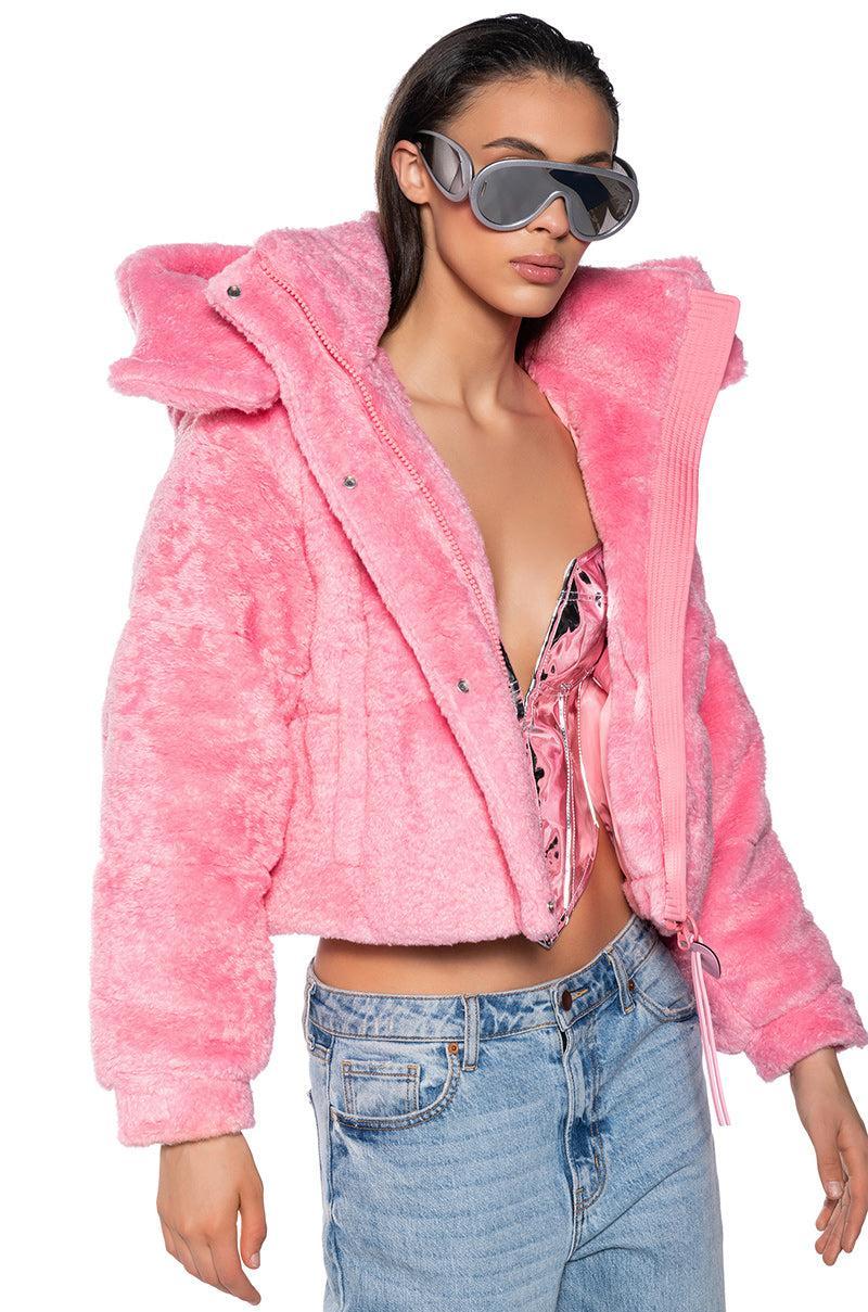 MARDIE PINK FUZZY HOODED PUFFER Product Image