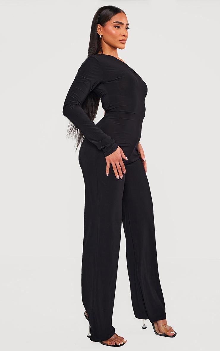 Black Slinky One Shoulder Straight Leg Jumpsuit Product Image