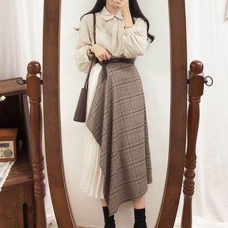 Long-Sleeve Contrast Stitched Button-Up Shirt / High Waist Plaid Asymmetrical Pleated Panel Midi A-Line Skirt / Belt / Set Product Image