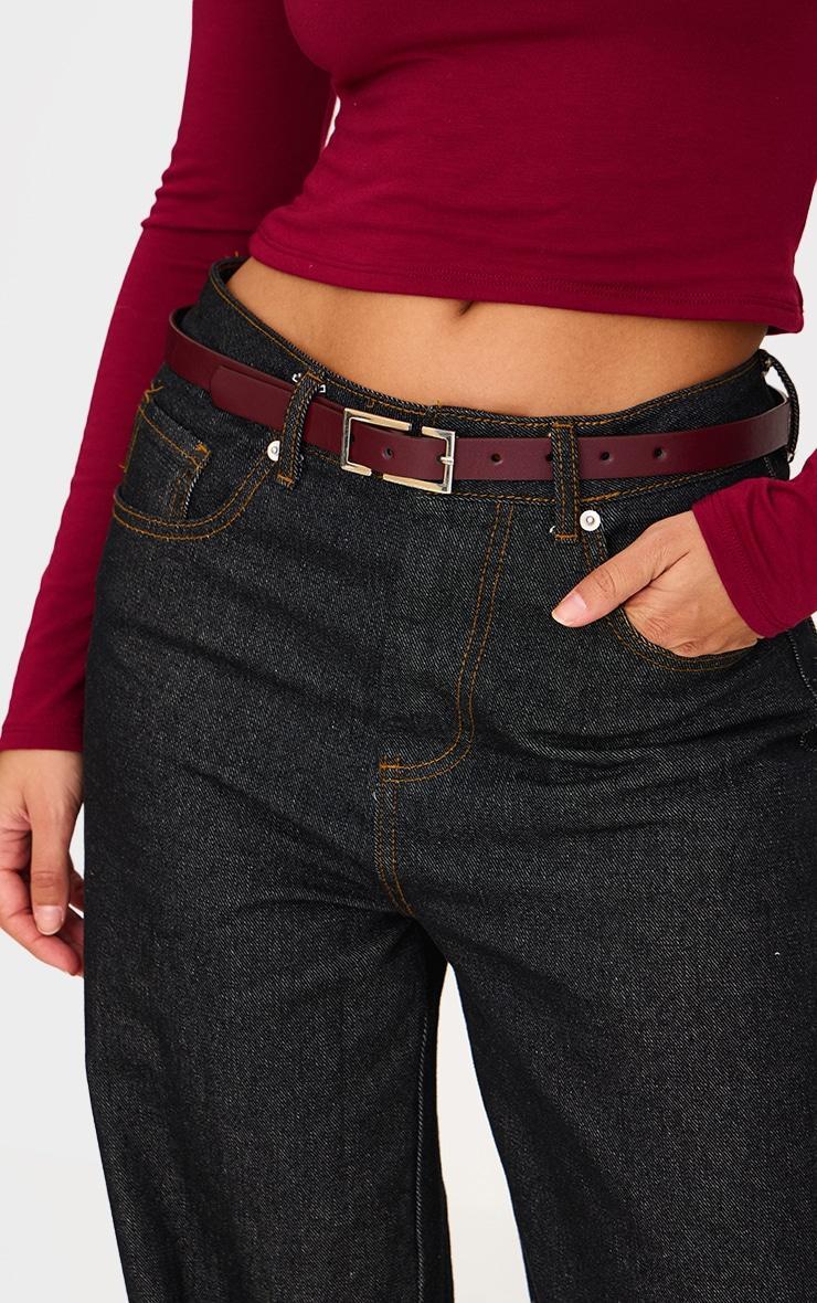 Burgundy Square Buckle Skinny Belt Product Image