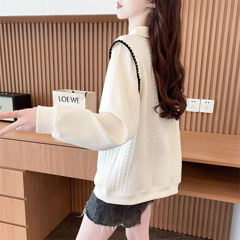 V-Neck Collared Lettering Embroidered Contrast Trim Pullover Product Image