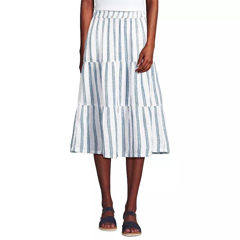 Womens Lands End Gauze High Waisted Tiered Midi Skirt Blue Double Stripe Product Image