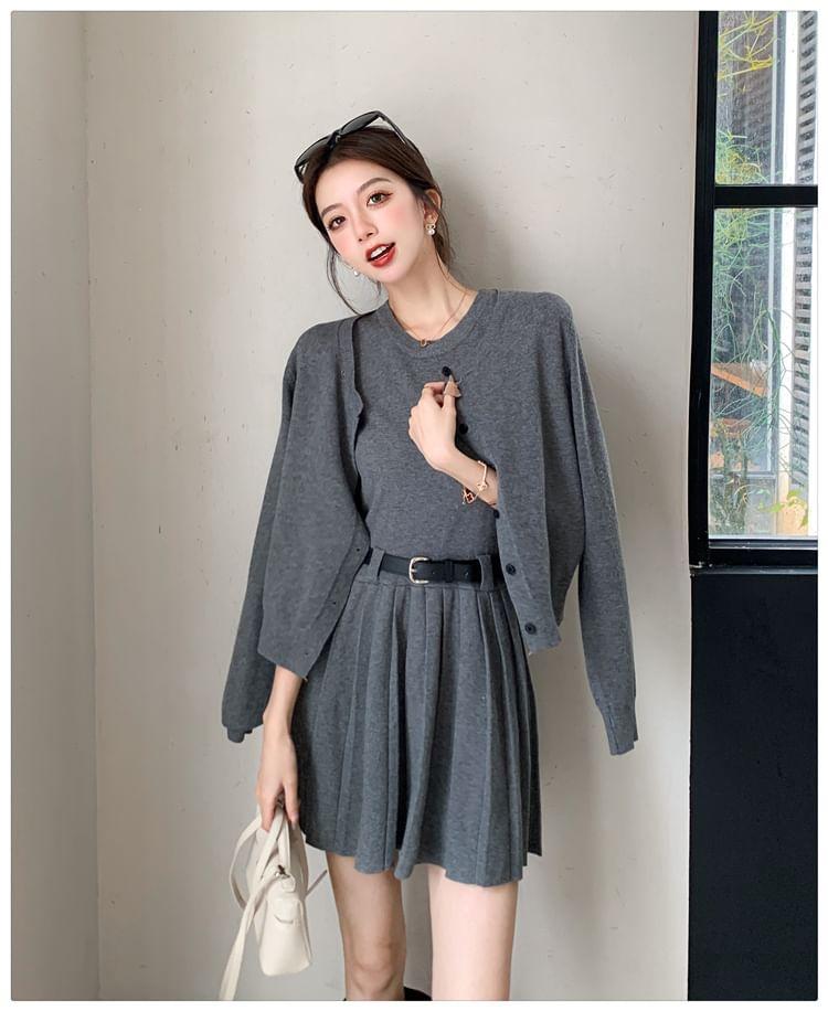 Set: Sleeveless Round Neck Plain Pleated Knit Mini A-Line Dress + Round Neck Cardigan + Belt Product Image