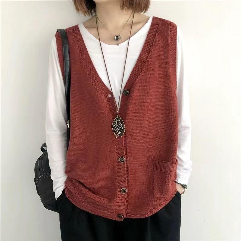 V-Neck Plain Button Sweater Vest Product Image