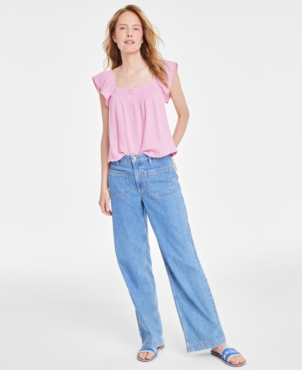 On 34th Womens Cotton Gauze Flutter-Sleeve Top, Created for Macys Product Image