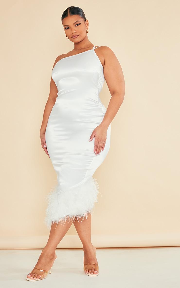  Plus Cream Satin Feather Trim One Shoulder Midi Dress Product Image