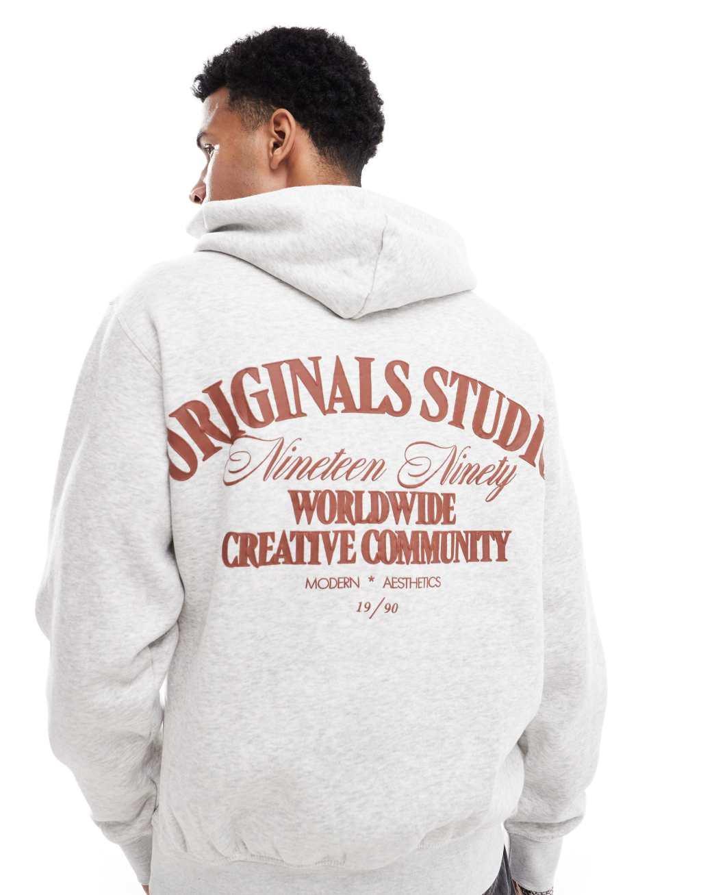 Jack & Jones oversized back print hoodie in light gray Product Image