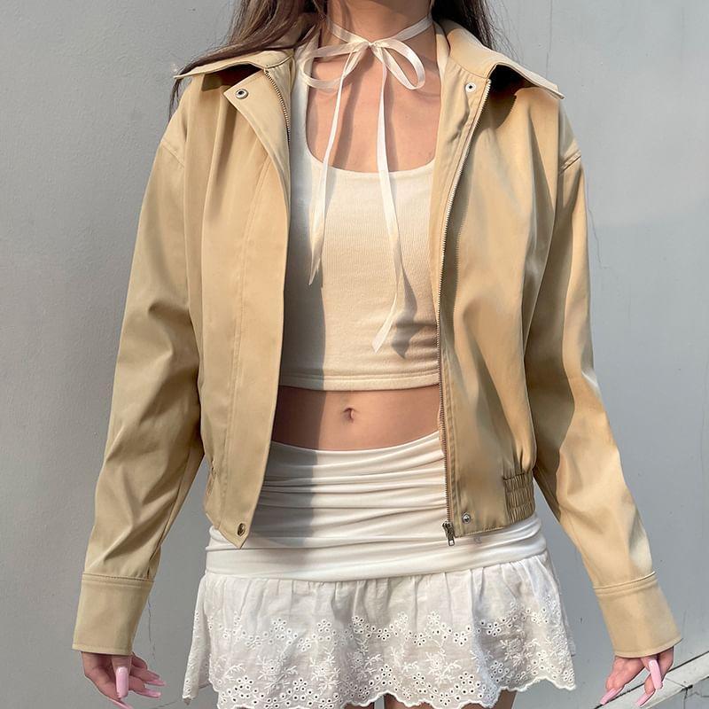 Collared Plain Zip Up Cropped Jacket Product Image