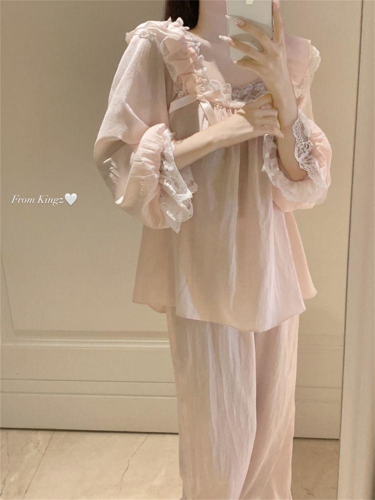 Pajama Set: Long-Sleeve Lace Ruffle Bow Shirt + Pants Product Image