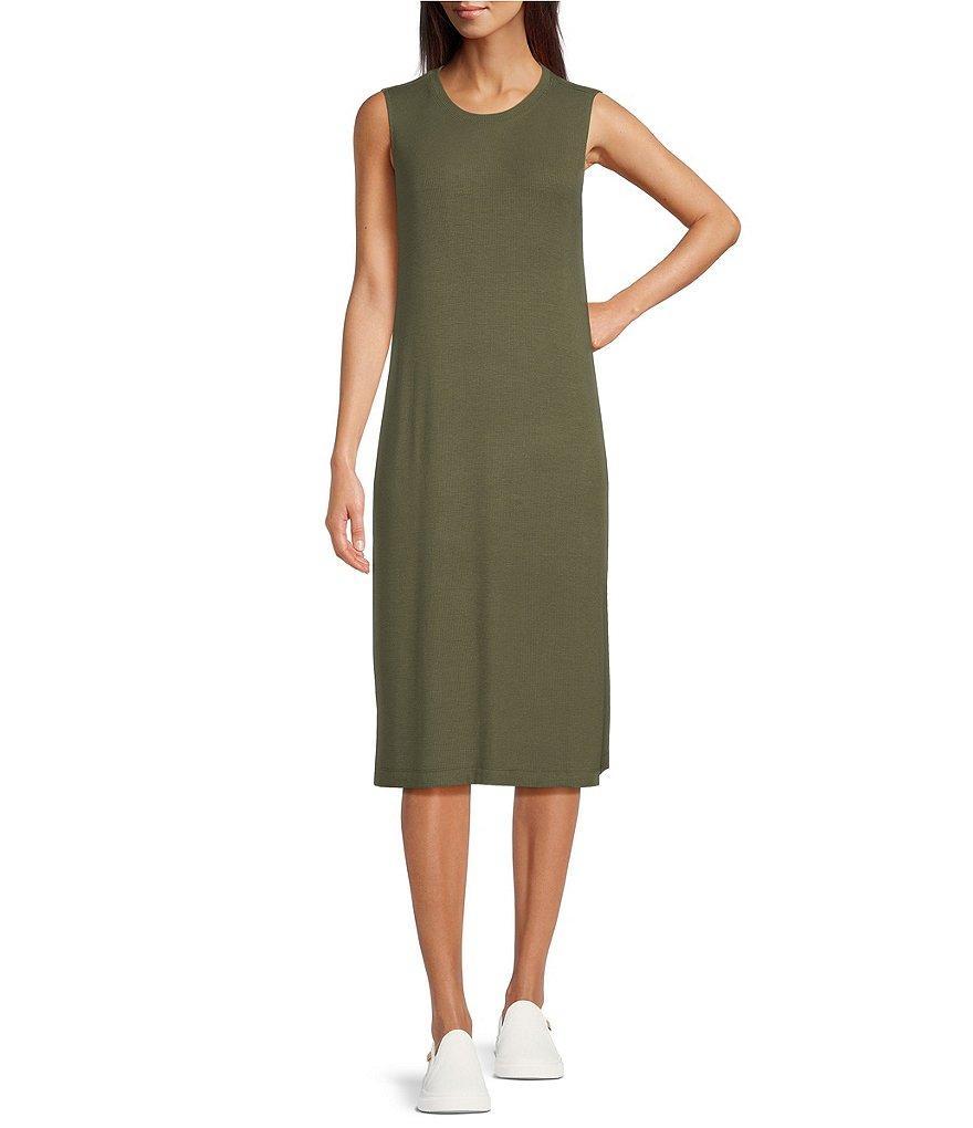 Kinesis Sleeveless Rib Side Slit Crew Neck Sheath Midi Dress Product Image