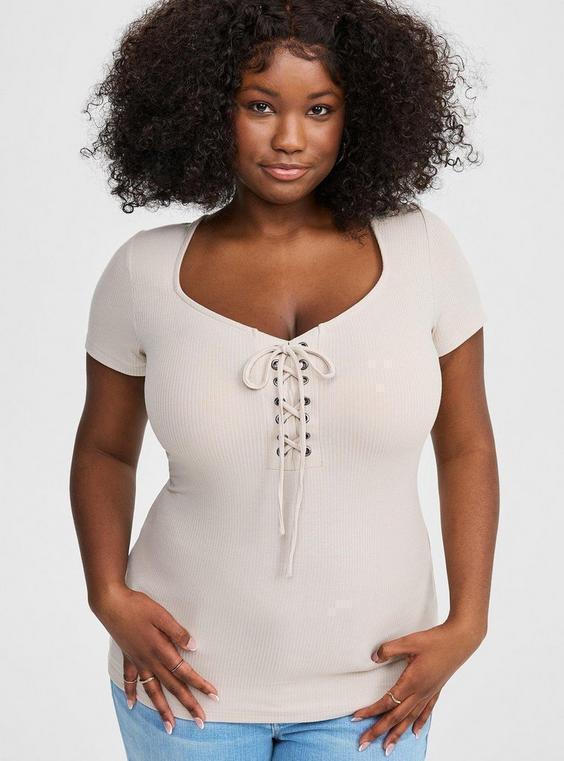 Rib V-Neck Lace Up Top Product Image