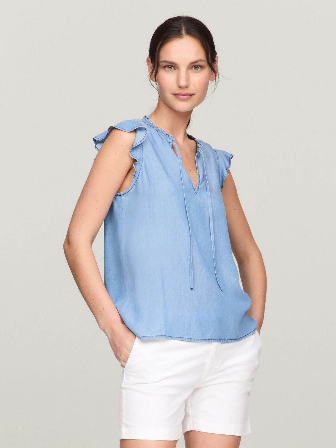 Tommy Hilfiger Women's Chambray Flutter-Sleeve Ruffle Top Product Image