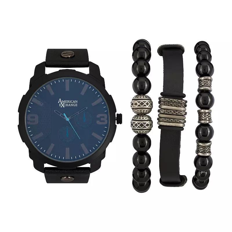 American Exchange Mens Analog Quartz watch & Stackable Bracelet Set Black Product Image