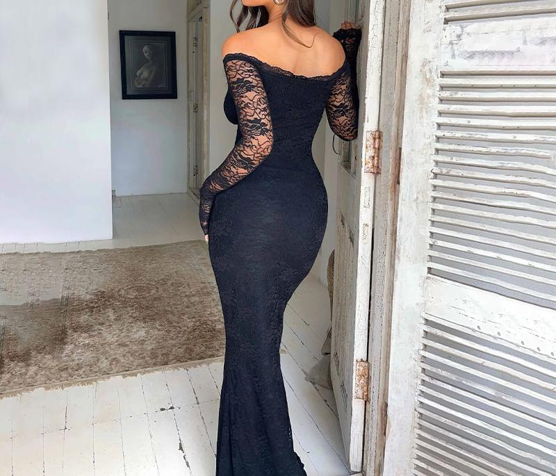 Long Sleeve Off Shoulder Lace Panel Mermaid Maxi Dress Product Image